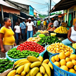 **

A vibrant Jamaican market scene. Focus on fresh produce: callaloo, ackee, plantains, mangoes. Capture the bustling atmosphere with local vendors and shoppers. Colors should be bright and lively.

**