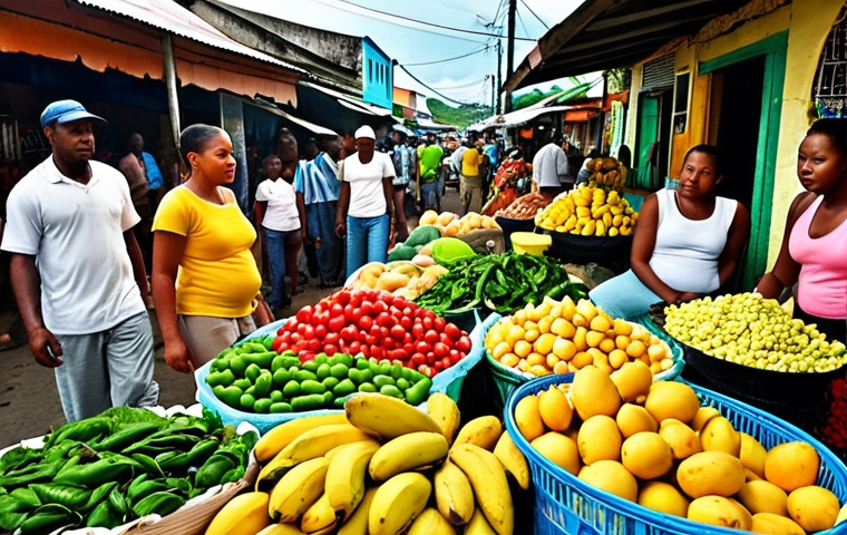 **
A vibrant Jamaican market scene. Focus on fresh produce: callaloo, ackee, plantains, mangoes. Capture the bustling atmosphere with local vendors and shoppers. Colors should be bright and lively.
**