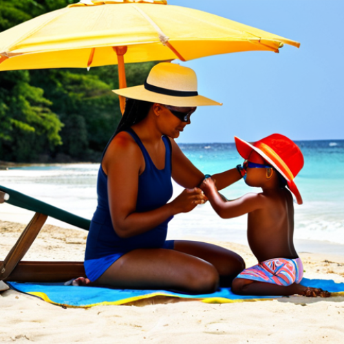 Beach Safety**

"A family-friendly scene on a sunny Jamaican beach. A mother is applying sunscreen to her child, both are wearing hats and sunglasses, fully clothed in modest swimwear. In the background, there's a beach umbrella and clear blue water. Safe for work, appropriate content, perfect anatomy, natural pose, professional photography, high quality."

**