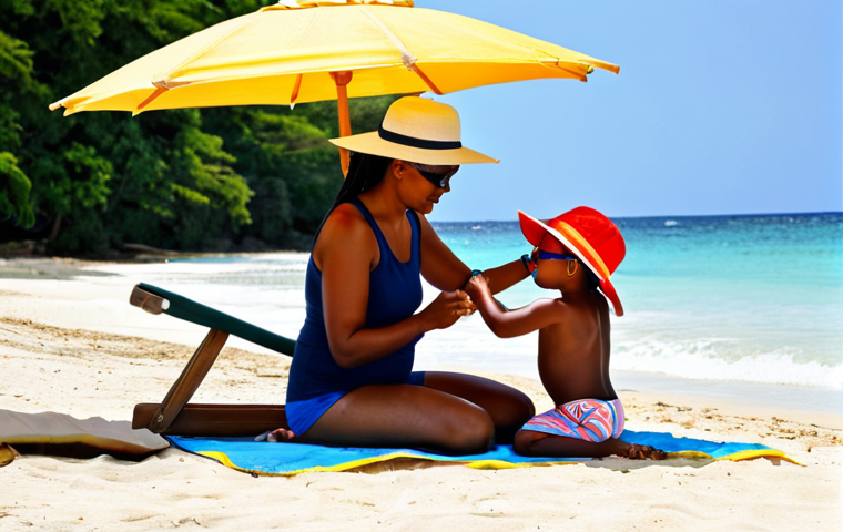 Beach Safety**

"A family-friendly scene on a sunny Jamaican beach. A mother is applying sunscreen to her child, both are wearing hats and sunglasses, fully clothed in modest swimwear. In the background, there's a beach umbrella and clear blue water. Safe for work, appropriate content, perfect anatomy, natural pose, professional photography, high quality."

**