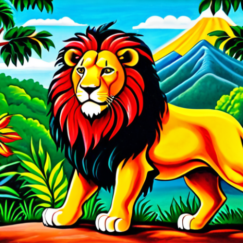 Rastafarian Colors and Lion of Judah**

"A vibrant, fully clothed painting featuring the Lion of Judah in Rastafarian colors (red, gold, green), set against a backdrop of lush Jamaican foliage. The style is reminiscent of folk art, with bold outlines and flat planes of color. Perfect anatomy, natural proportions, safe for work, appropriate content, professional, modest, high quality."

**