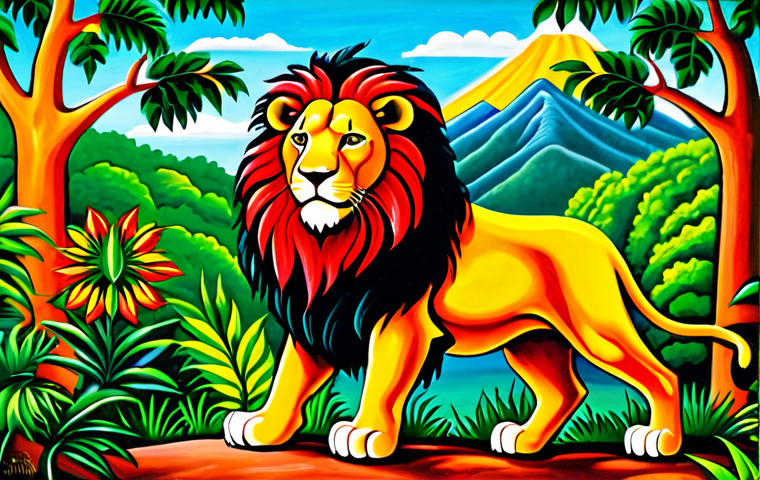 Rastafarian Colors and Lion of Judah**

"A vibrant, fully clothed painting featuring the Lion of Judah in Rastafarian colors (red, gold, green), set against a backdrop of lush Jamaican foliage. The style is reminiscent of folk art, with bold outlines and flat planes of color. Perfect anatomy, natural proportions, safe for work, appropriate content, professional, modest, high quality."

**